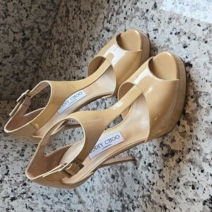 Jimmy Choo Patent Leather Totem T-Strap Platform Stilettos  EU Sz 38.5